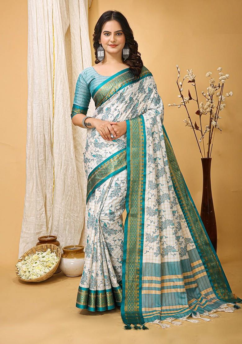 White Zari Cotton Saree Set