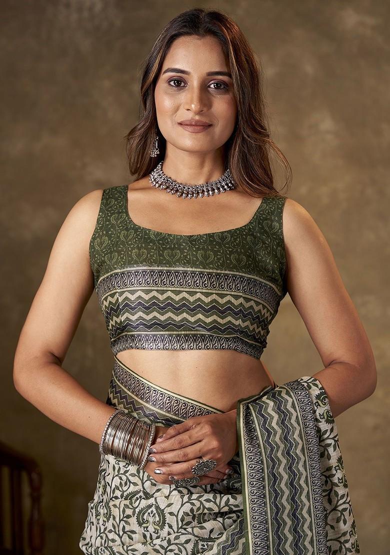 Green Ajrak Print Cotton Saree Set