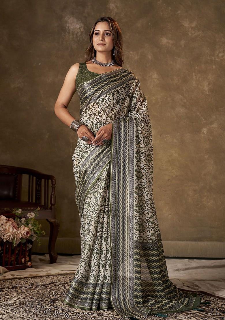 Green Ajrak Print Cotton Saree Set