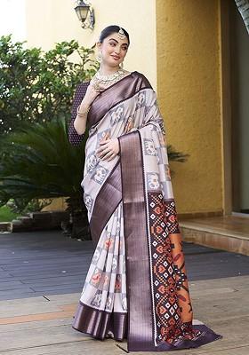 White Zari Crepe Saree Set