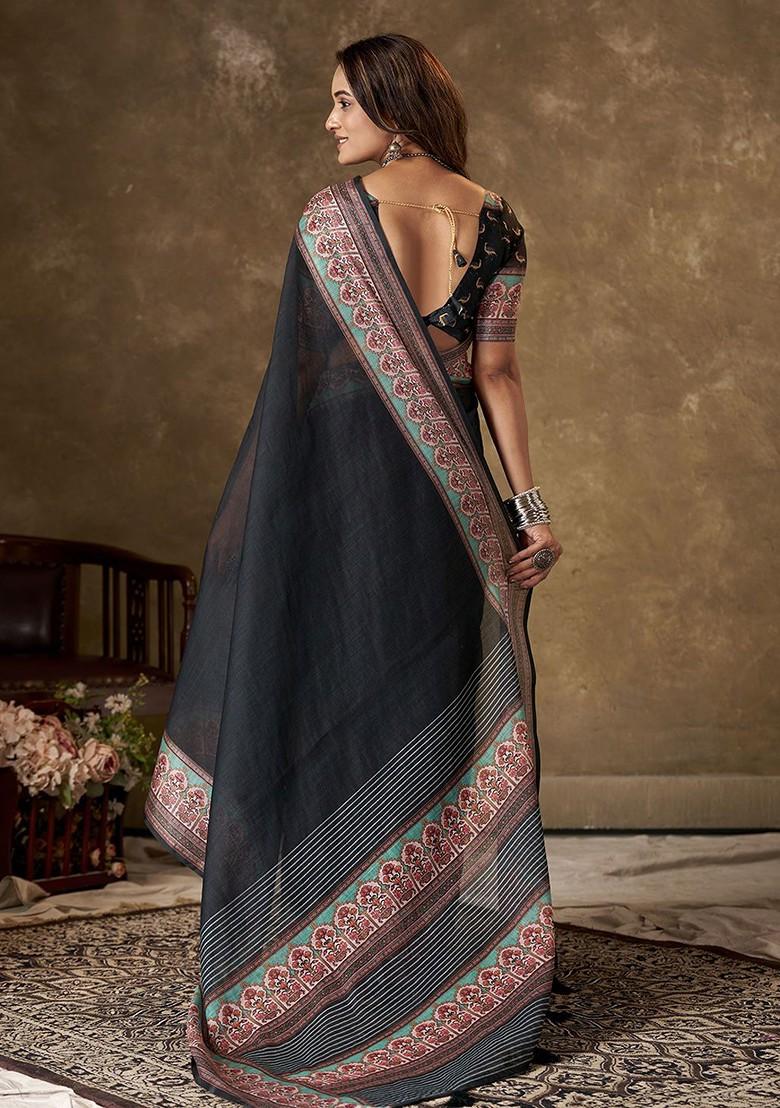 Black Embroidered Bhagalpuri Silk Saree Set