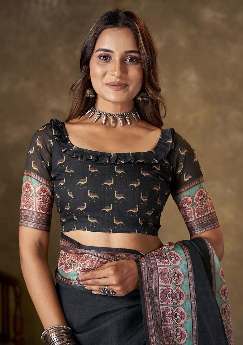 Black Embroidered Bhagalpuri Silk Saree Set