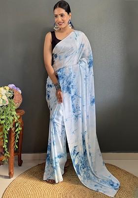 Blue Printed Chiffon Saree Set