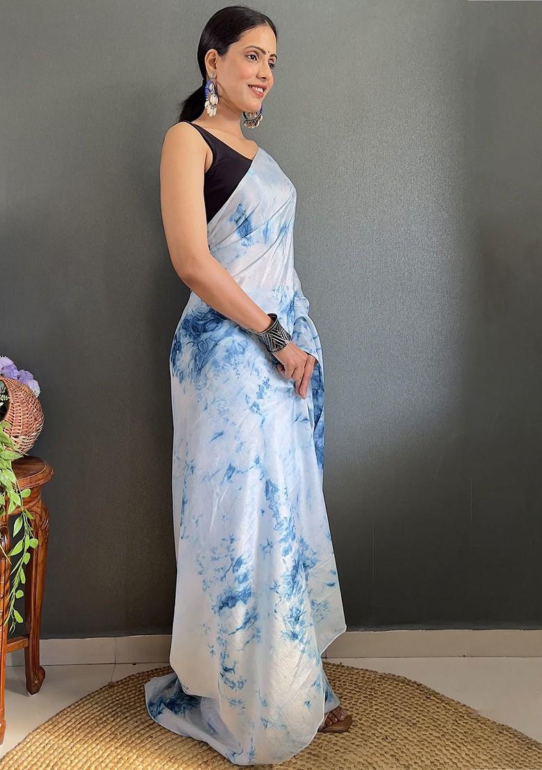 Blue Printed Chiffon Saree Set