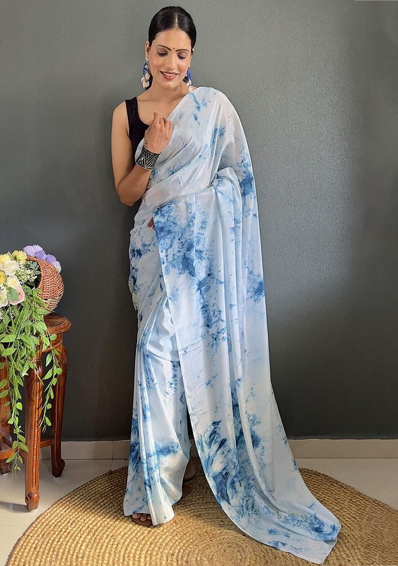 Blue Printed Chiffon Saree Set