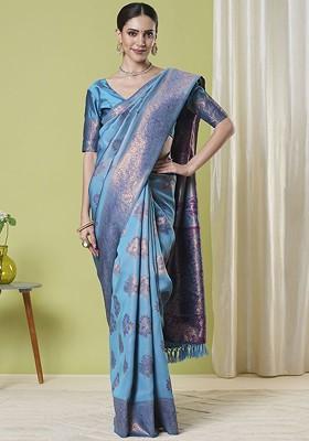 Blue Zari Banarasi Saree Set