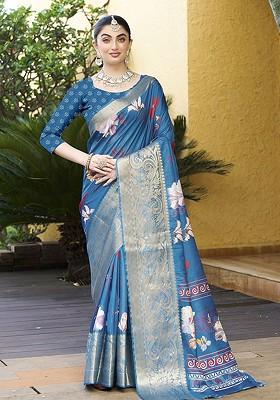 Blue Zari Crepe Saree Set