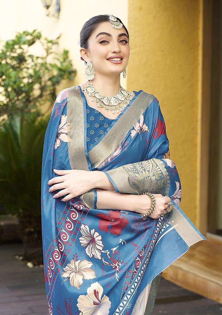 Blue Zari Crepe Saree Set