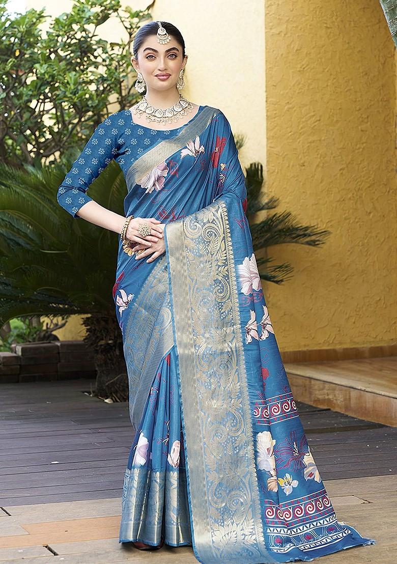 Blue Zari Crepe Saree Set