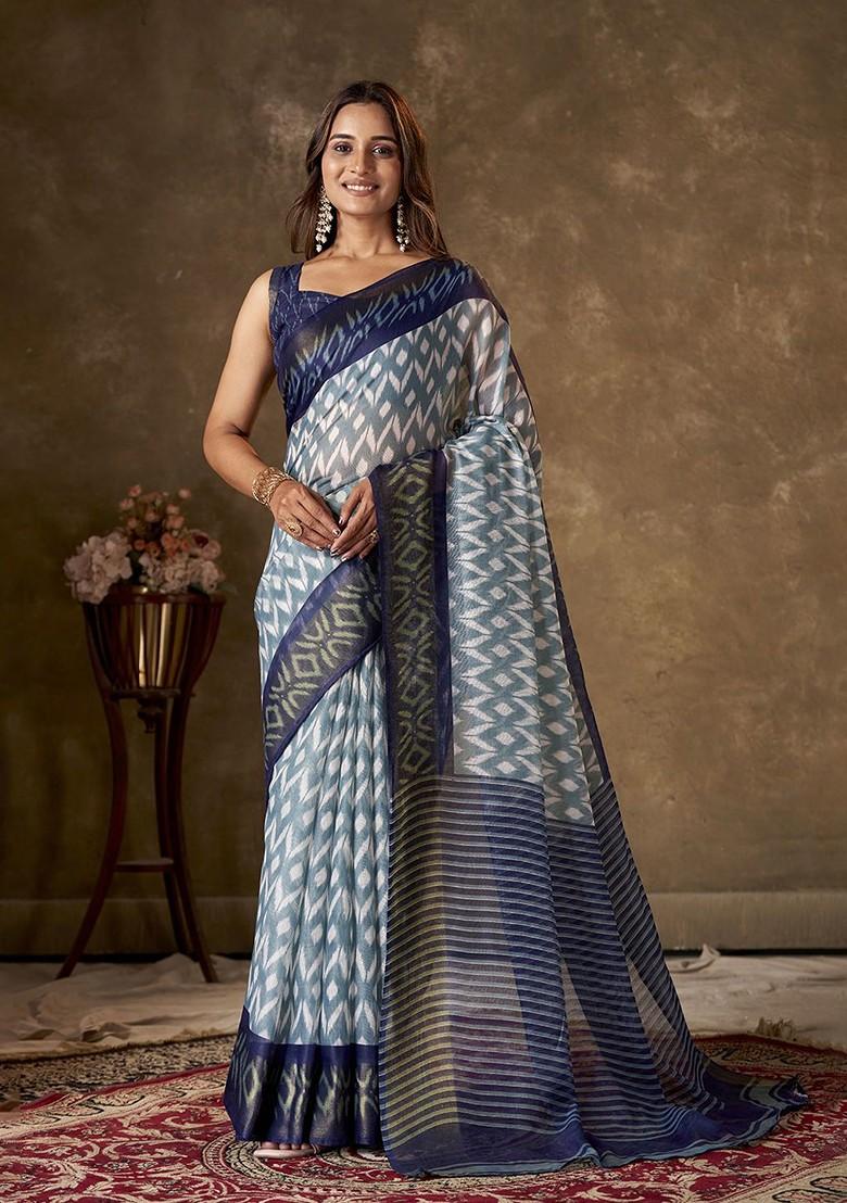 Blue Abstract Print Cotton Saree Set