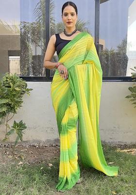 Yellow Block Print Chiffon Saree Set