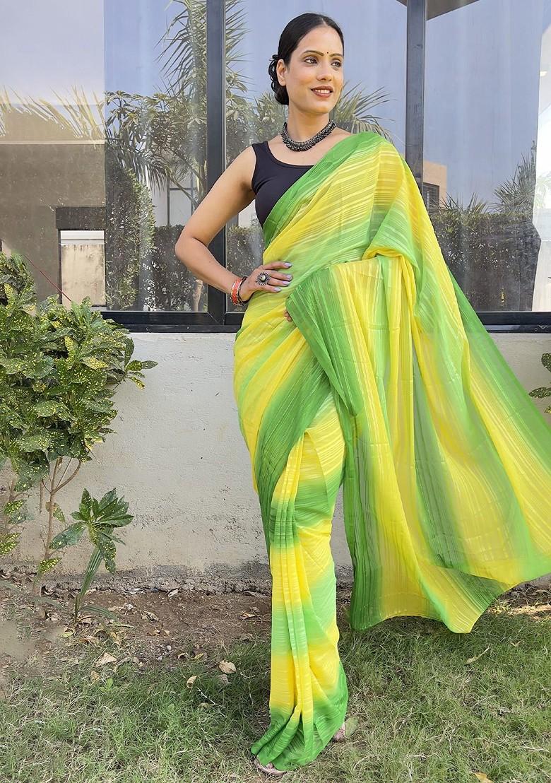 Yellow Block Print Chiffon Saree Set