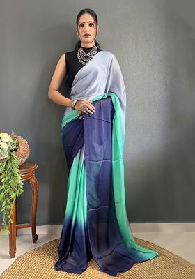 Blue Block Print Crepe Saree Set