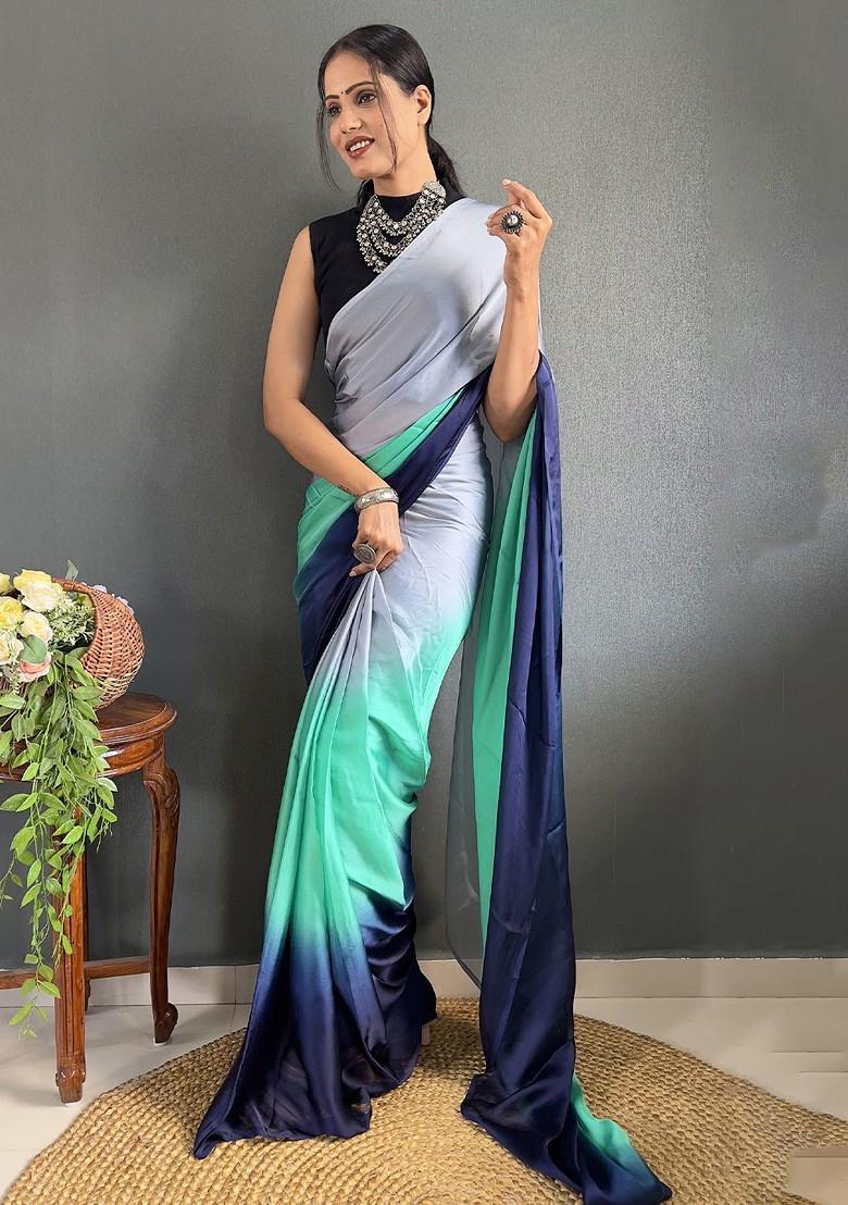Blue Block Print Crepe Saree Set