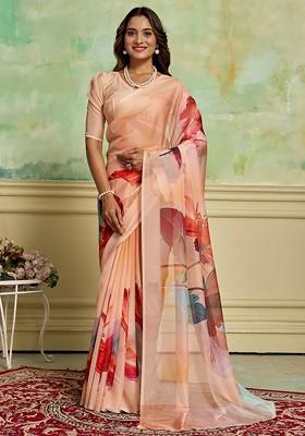 Beige Floral Printed Organza Saree Set