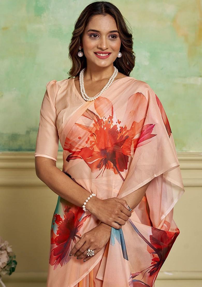 Beige Floral Printed Organza Saree Set