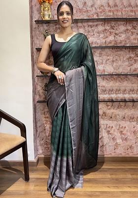 Green Striped Chiffon Saree Set