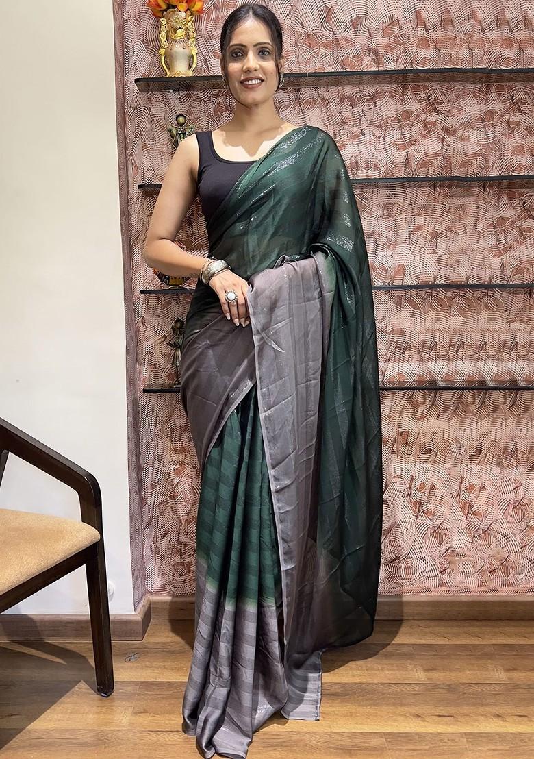 Green Striped Chiffon Saree Set