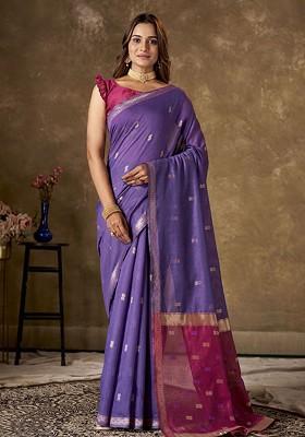 Purple Zari Cotton Saree Set