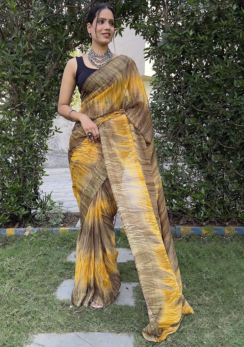 Yellow Abstract Print Chiffon Saree Set
