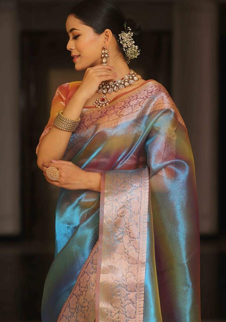 Teal Green Zari Tissue Saree Set