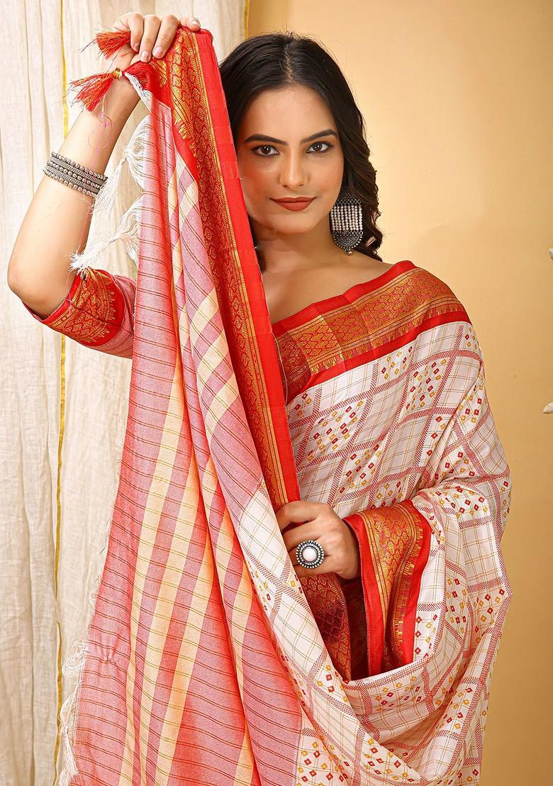 White Zari Cotton Saree Set