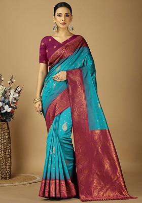Turquoise Blue Woven Kanjeevaram Silk Saree Set