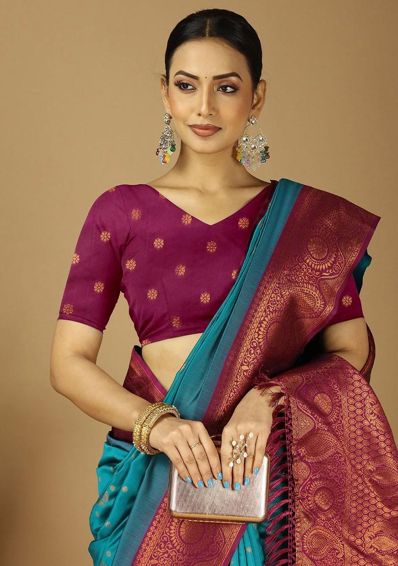 Turquoise Blue Woven Kanjeevaram Silk Saree Set