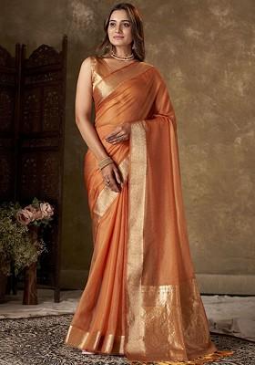 Orange Zari Organza Saree Set
