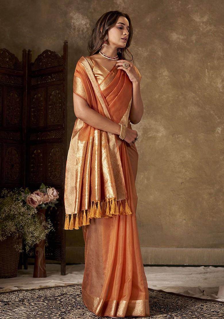 Orange Zari Organza Saree Set