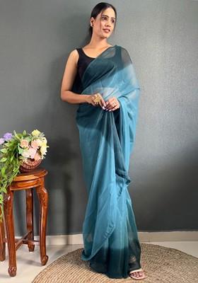 Blue Block Print Crepe Saree Set