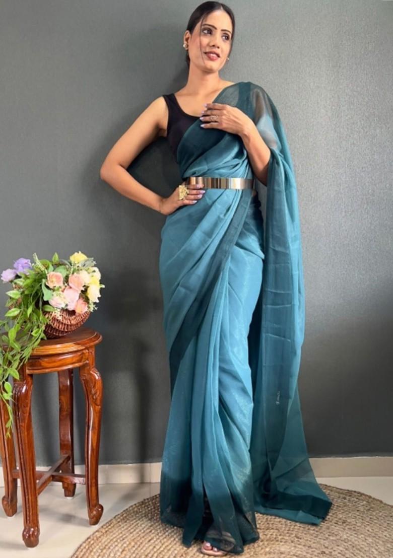 Blue Block Print Crepe Saree Set