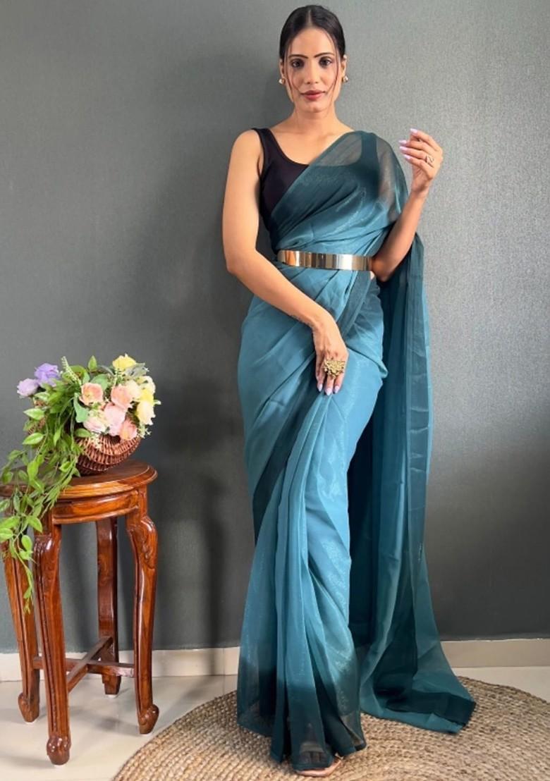 Blue Block Print Crepe Saree Set