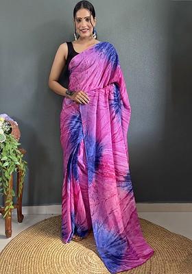 Purple Abstract Print Chiffon Saree Set