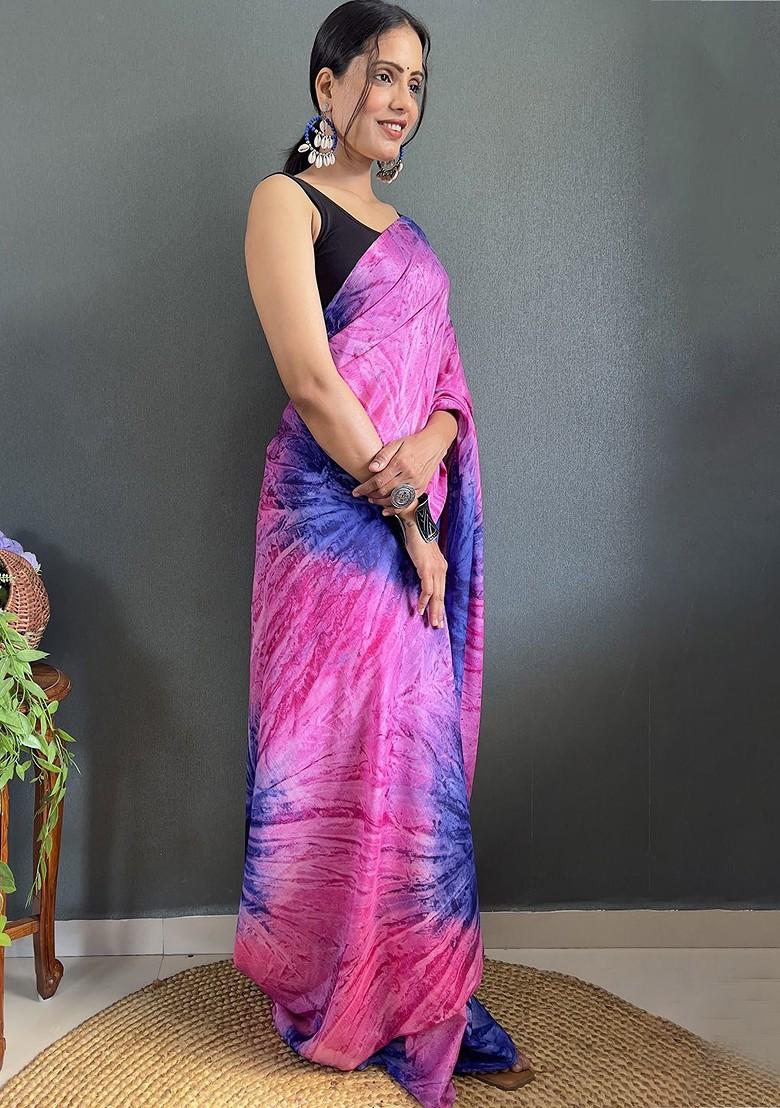 Purple Abstract Print Chiffon Saree Set