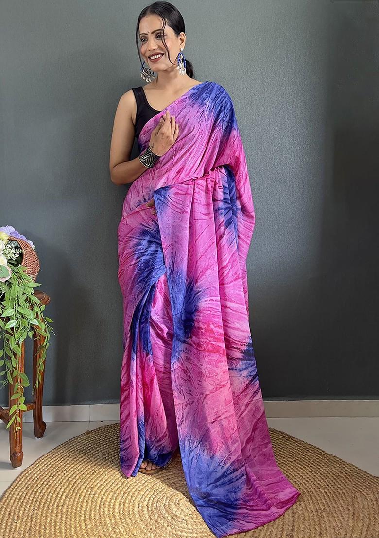 Purple Abstract Print Chiffon Saree Set