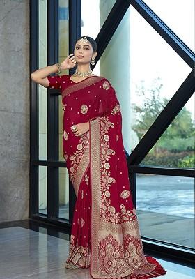 Red Zari Georgette Saree Set