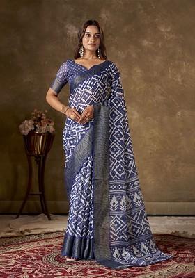 Blue Abstract Print Cotton Saree Set
