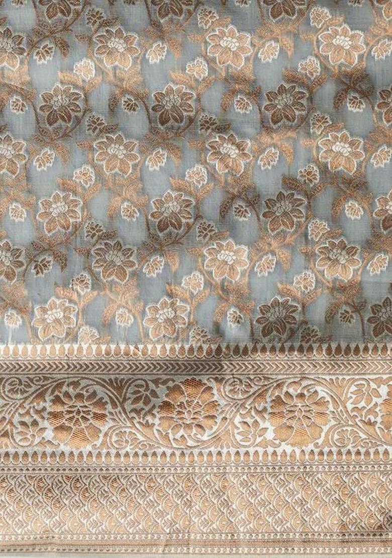 Grey Zari Silk Saree Set