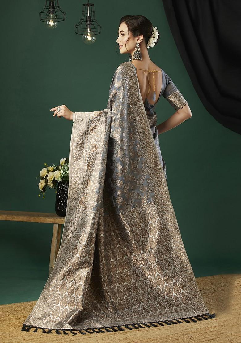 Grey Zari Silk Saree Set