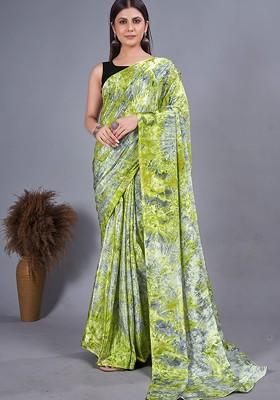 Green Abstract Print Chiffon Saree Set