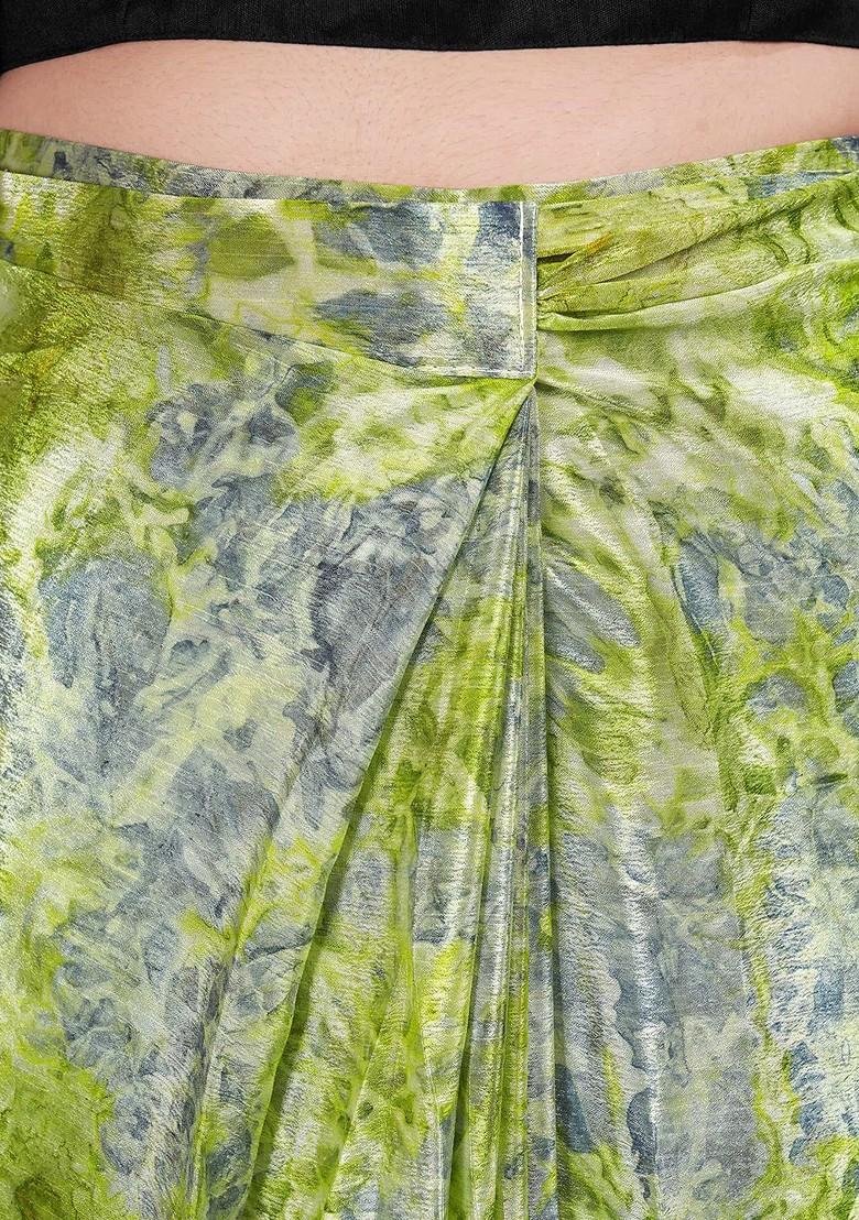 Green Abstract Print Chiffon Saree Set