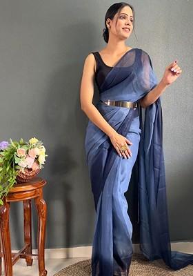 Blue Embroidered Crepe Saree Set