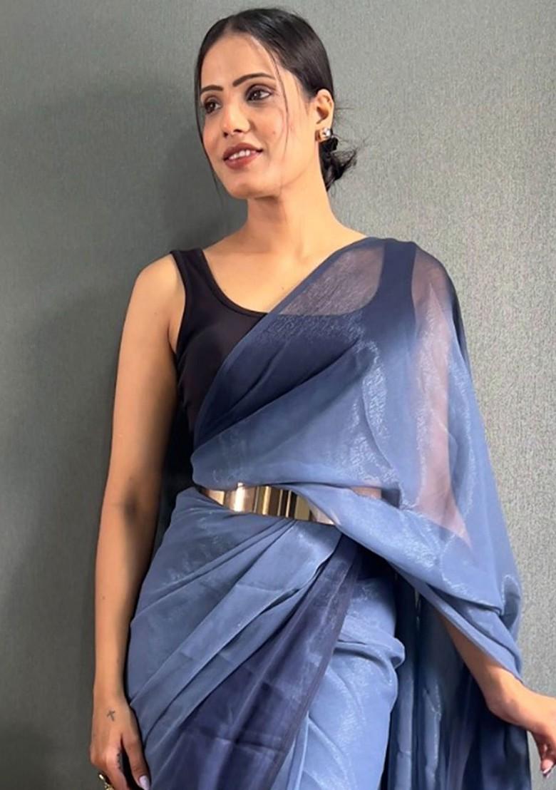 Blue Embroidered Crepe Saree Set