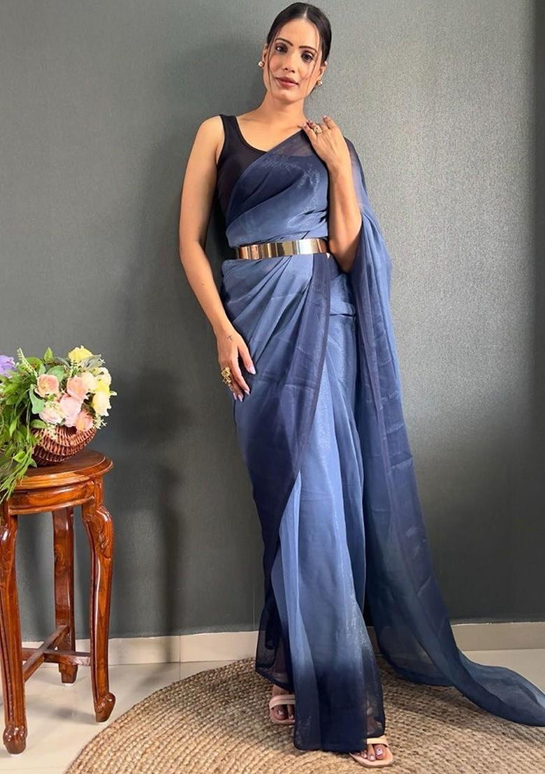 Blue Embroidered Crepe Saree Set