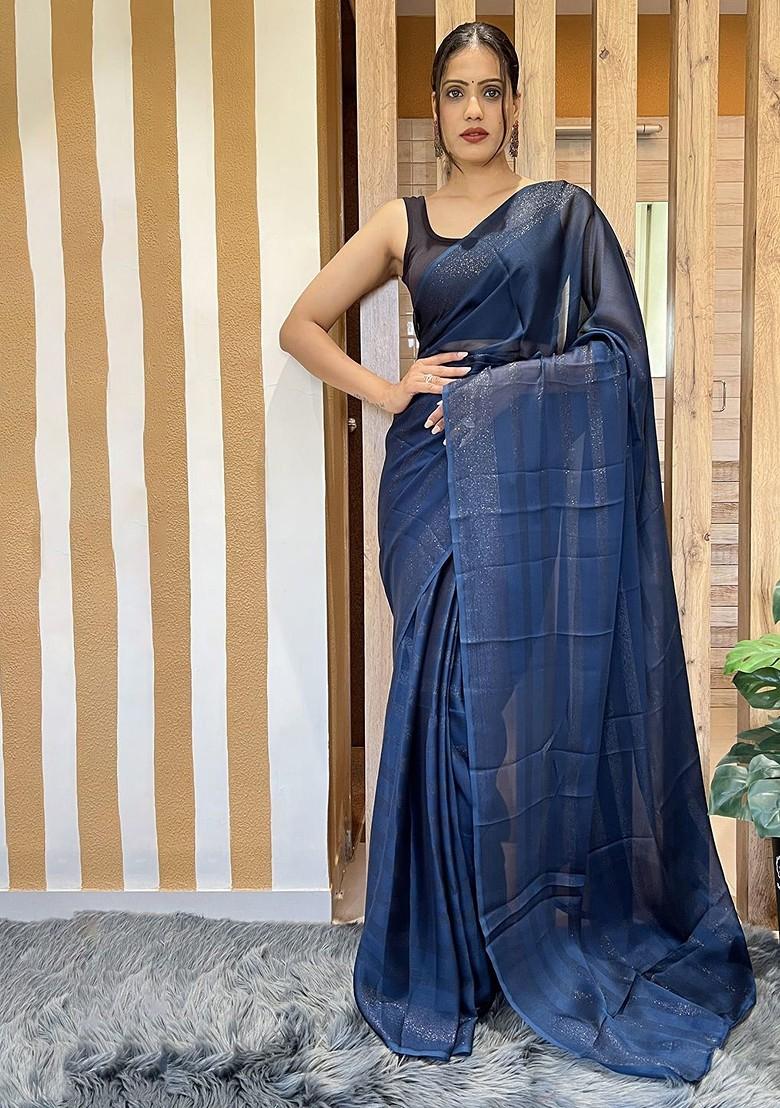 Blue Striped Chiffon Saree Set