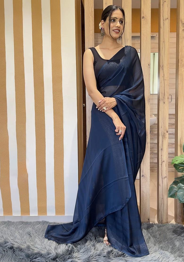 Blue Striped Chiffon Saree Set