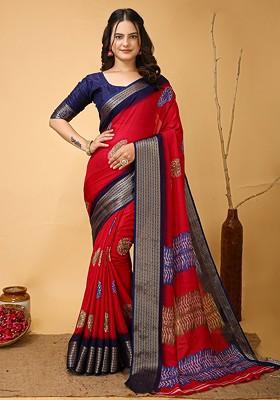 Red Zari Cotton Saree Set