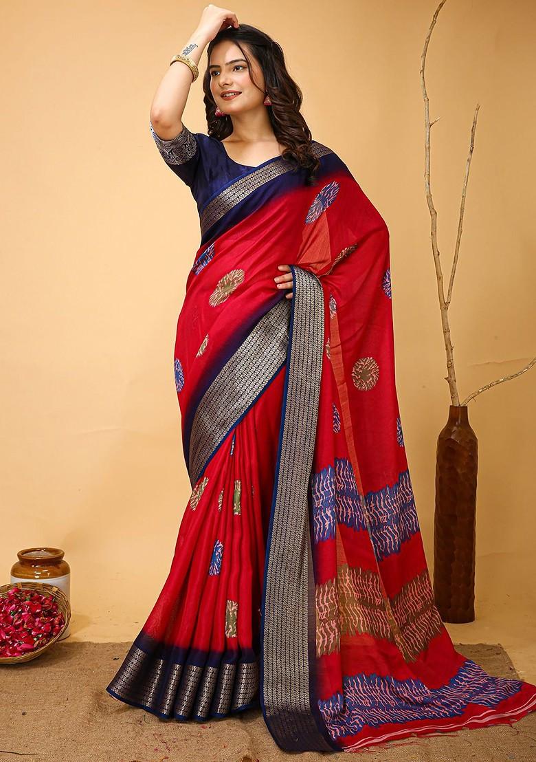 Red Zari Cotton Saree Set