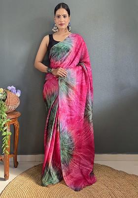 Pink Tie And Dye Chiffon Saree Set